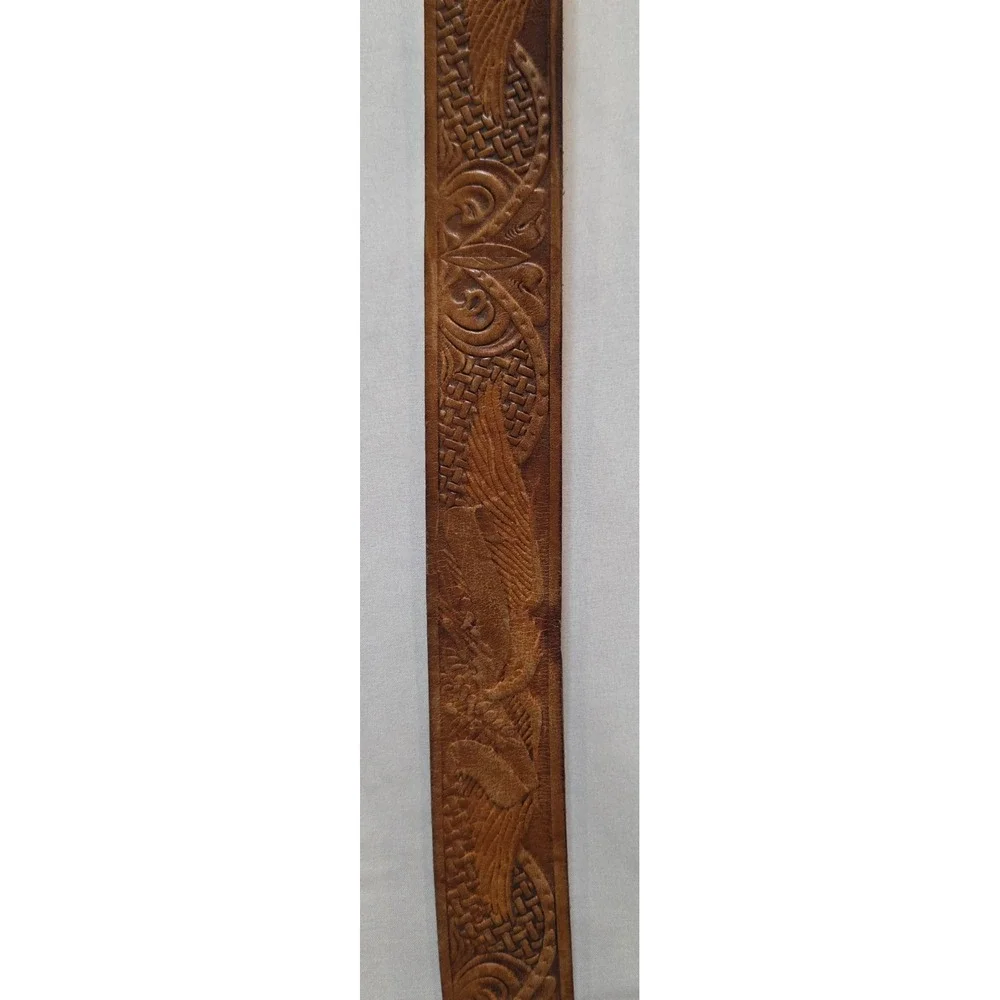 Vintage Mens Brown Grain Leather Tooled Eagle Basketweave Belt Made in USA 34